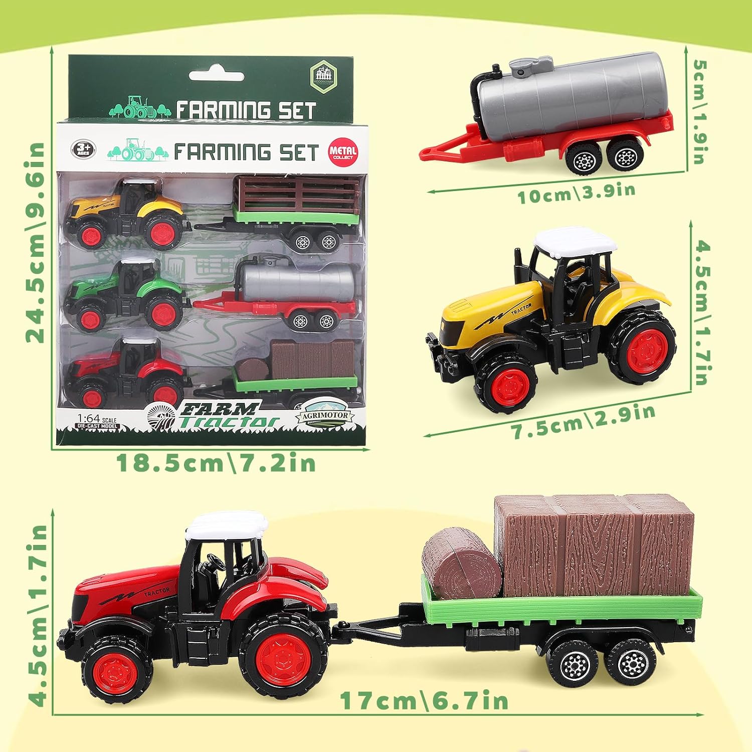 Alternative view of 3-Pack Farm Tractor Toys with Trailers, Diecast Detachable Alloy Farm Vehicle Toys for Kids Ages 3 4 5 6 7 8 Boys Girls, Birthday Party Gifts and Cake Decorations