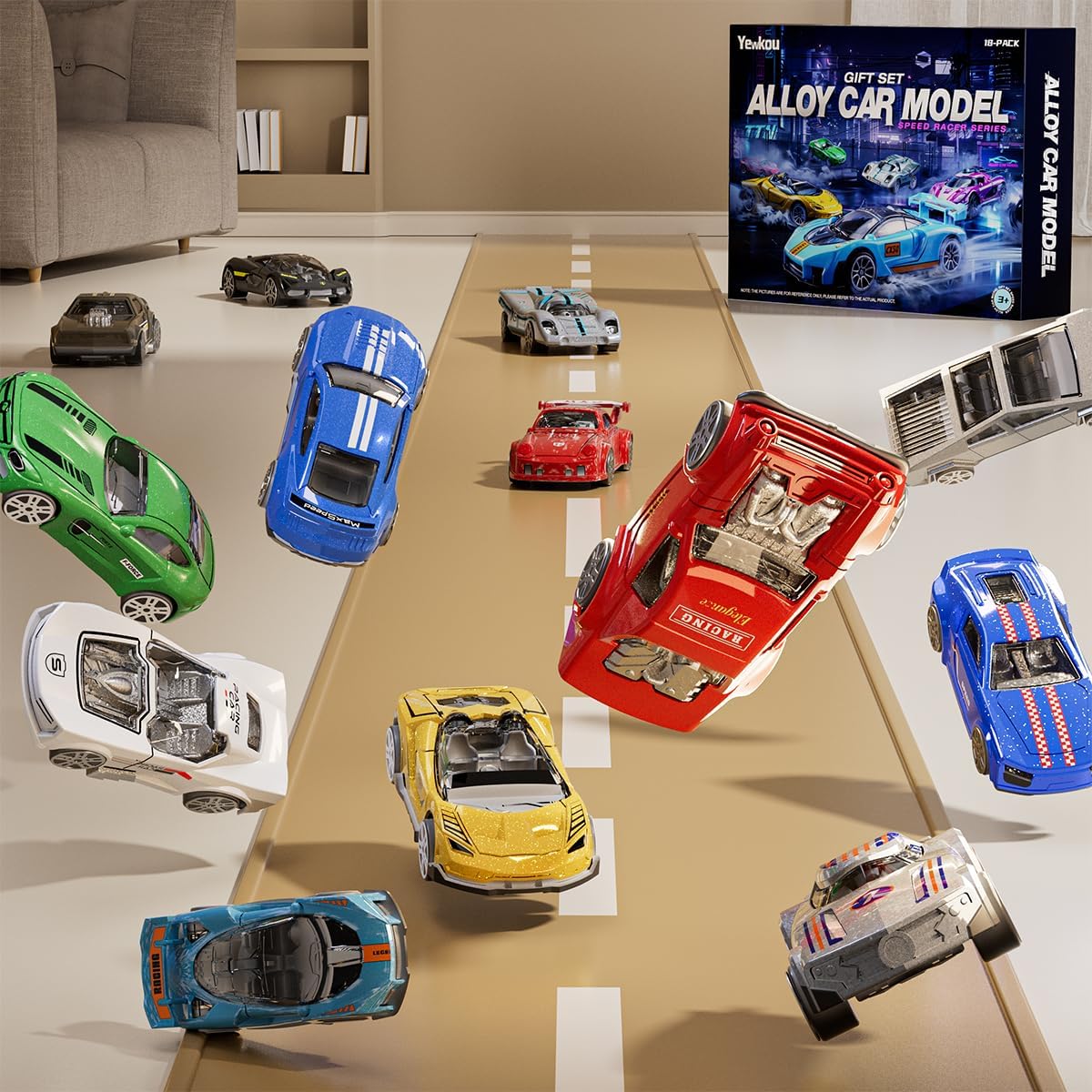 Yewkou Toys Cars 18-Pack, 1:64 Scale Die-Cast Metal Vehicles Set, Includes Pickup, Racing Cars,Sports Cars for Display or Play, Great Gift for Kids Age 3 Years and Up (18 Pack)