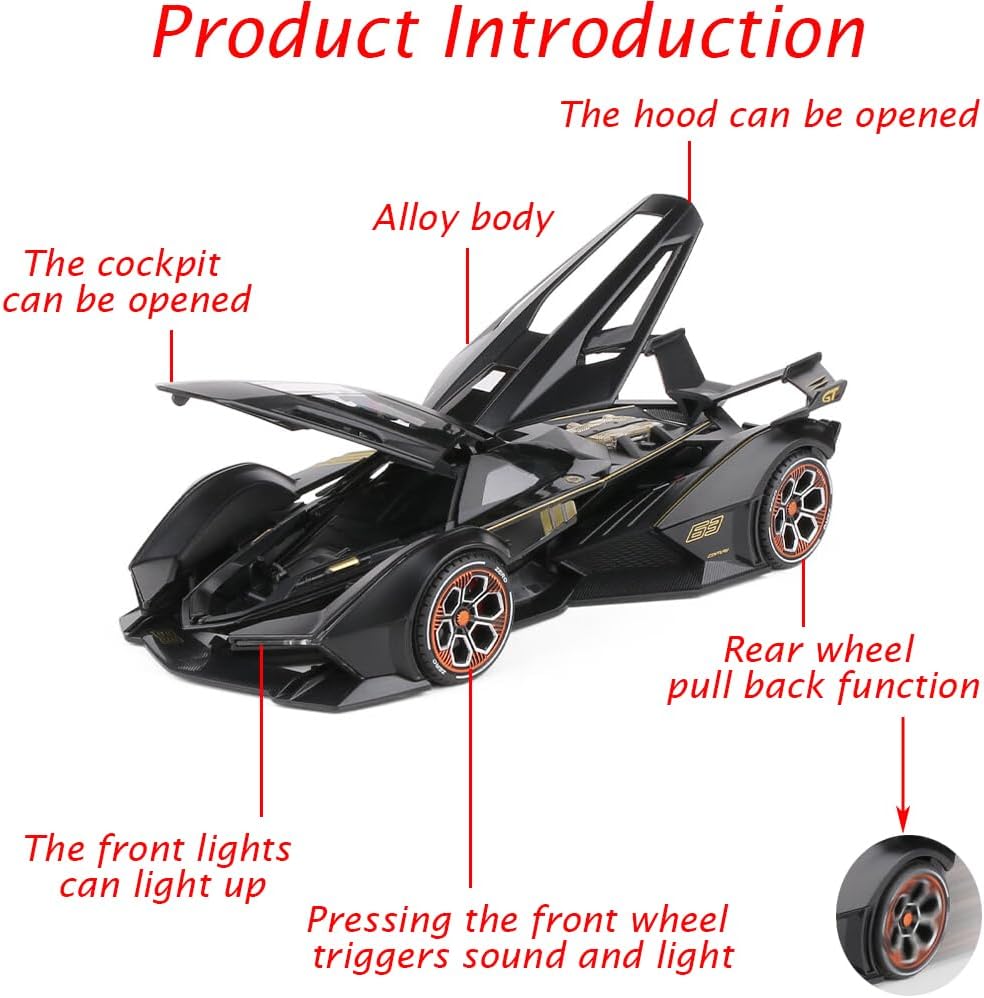 Alternative view of Toy Cars Model Lambo V12 Sports Race Car 1/22 Black Alloy Collectible Diecast Vehicles with Sound and Light