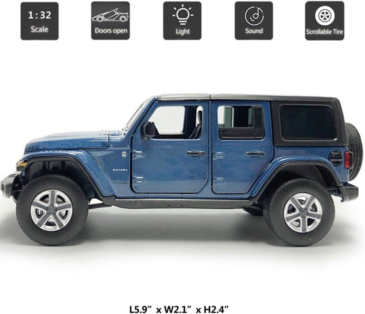 4 Door Wrangler Sahara Hard Top SUV Model Car Diecast Toy Cars 1/32 Scale Metal Vehicle Children's Die-cast Vehicles, Doors Open, Light Sound, Toys for Boys Gifts Kids Adults Men Collection, Blue