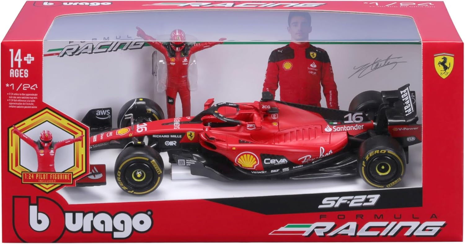Bburago 1:24 Scale Forumula Racing 2023 Ferrari SF-23 Diecast Vehicle with Leclerc #16 Figure