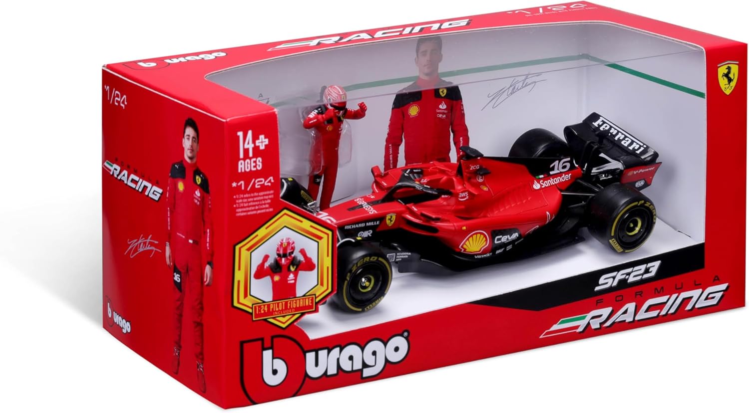 Alternative view of Bburago 1:24 Scale Forumula Racing 2023 Ferrari SF-23 Diecast Vehicle with Leclerc #16 Figure