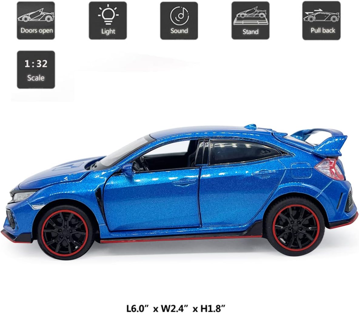 2017 Civic Type R Model Car Hatchback Sports Diecast Toy Cars 1/32 Scale Metal Pull Back Children's Die-cast Vehicles, Doors Open Light Sound, Boys Toys Kids Gifts Collection for Men, Blue