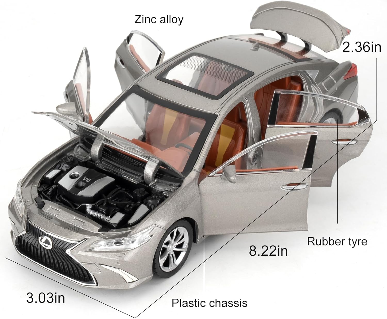 WAKAKAC Model Car 1/24 Lexus ES300 Alloy Diecast Collectible Toy Car with Light and Sound, Toy Vehicle Door Can Be Opened for Boys Kids Toddler, Gift Silver