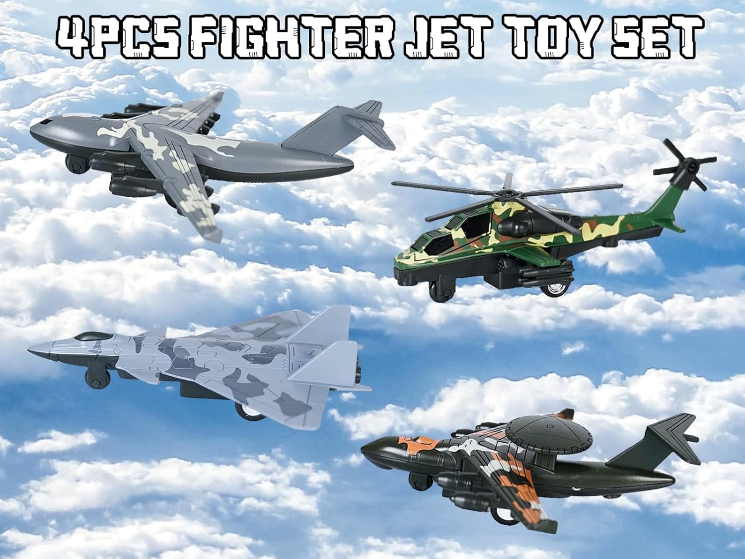 Alternative view of Crelloci 4PCS Army Airplane Toys Set-Diecast Aircraft Plane Model Kit Military Fighter Jet Playset Helicopter Camouflage Pull Back Aircraft Kids Play Vehicle for 3+Year Old Boys Girls
