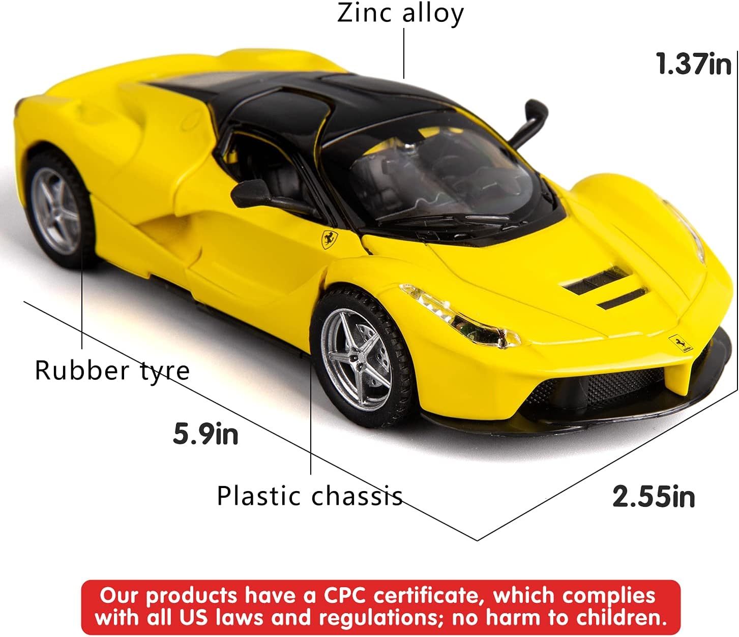 Alternative view of BDTCTK 1:32 Farrari Car Model Pull Back Car with Sound and Light for Kids Boy Girl, Metal Body Door Opened Yellow