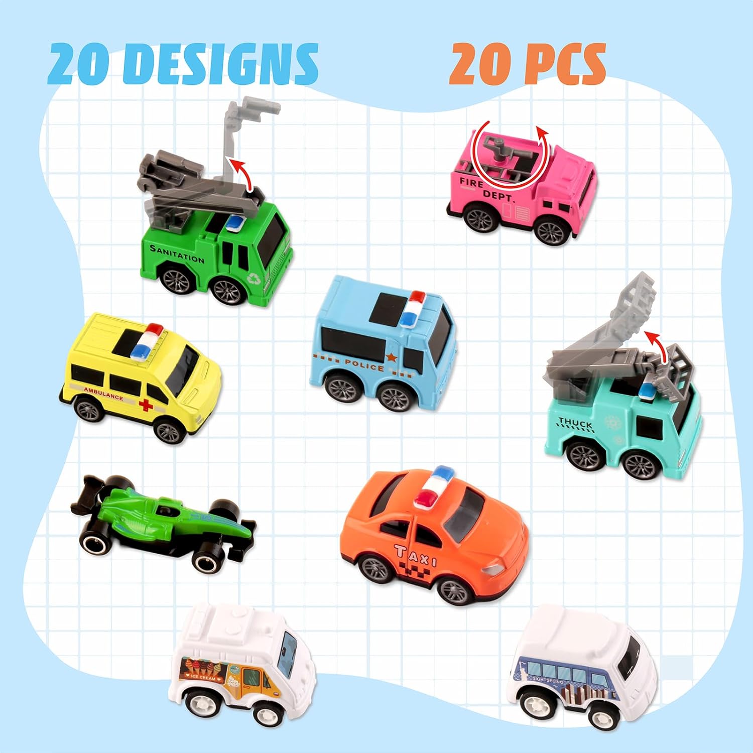 Yvzean 20 PCS Pull Back City Die-Cast Cars Trucks Vehicles Toy Stocking Stuffers for Toddlers Kids Grandkids Party Favor Goodie Bags Stuffers for Kids Christmas Birthday Gifts (20 Pack)