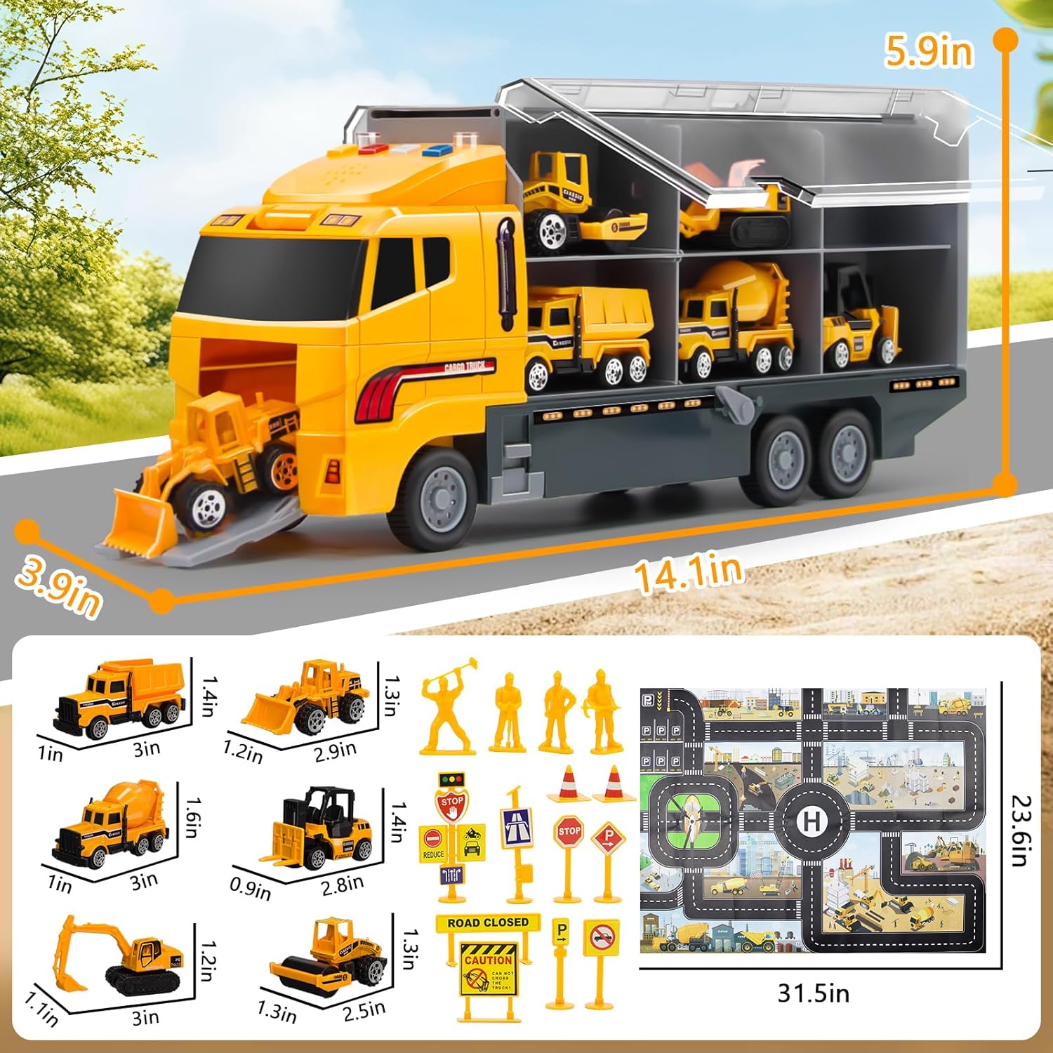 Toddler Construction Truck Vehicle Toy Set for 3 4 5 6 Years Old Boys with Play Mat, Die-Cast Car Carrier Truck for Kids Boys Girls Birthday Party Gifts