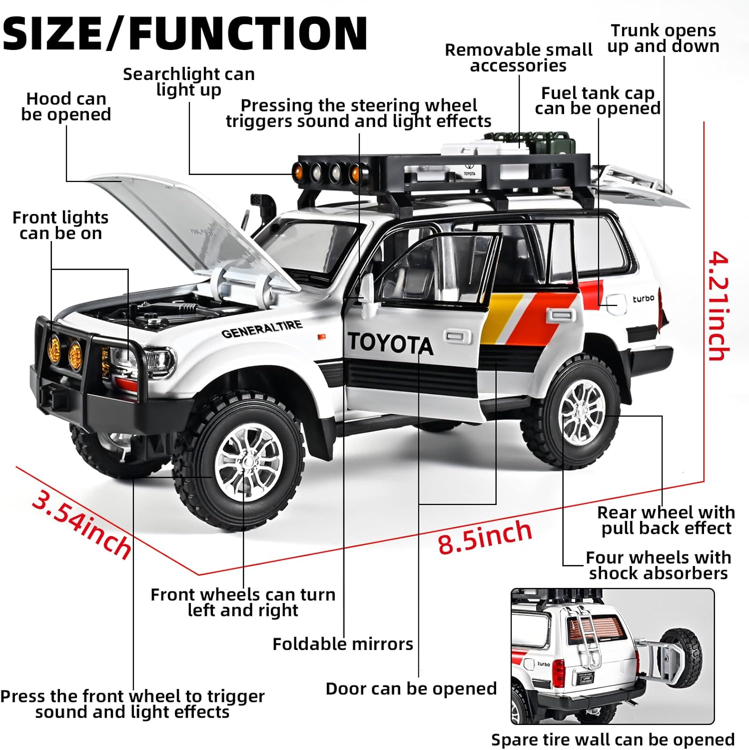 OANMYJJO Cars for Boys 1/24 Diecast Car Land Cruiser LC80 Model,Pull Back Cars with Light and Sound,Die Cast Metal Landcruiser Car Model Collectible,Cars for Kids Ages 4-8（White）
