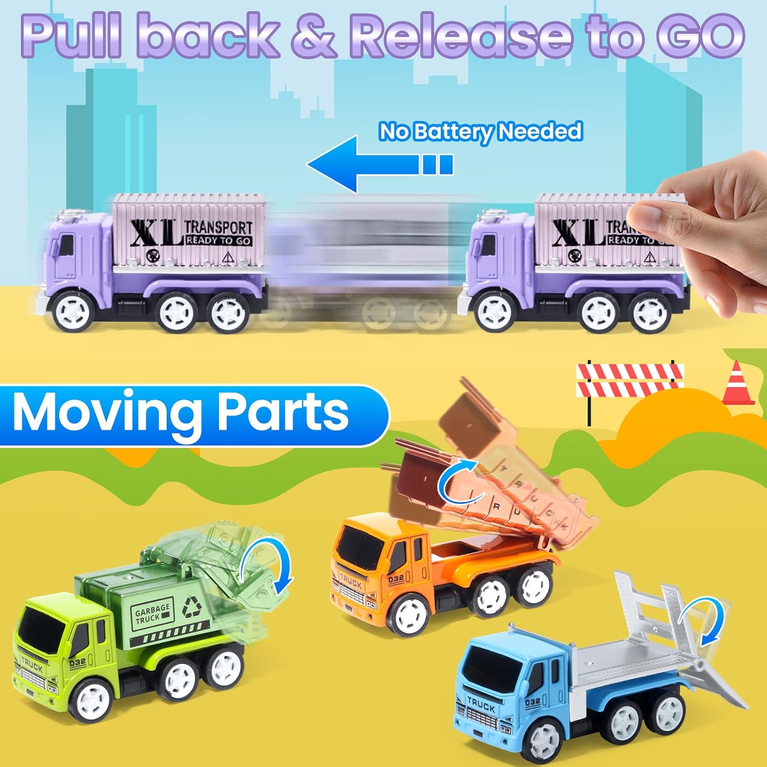 Alternative view of Oriate 6 PCS Diecast Metal Toy Trucks Vehicle Set, Cars Toys with Movable Parts, Mini Pull Back Toy Cars for Kids, Include Garbage Truck, Dump Truck, for Boys & Girls Age 3 4 5 6 +