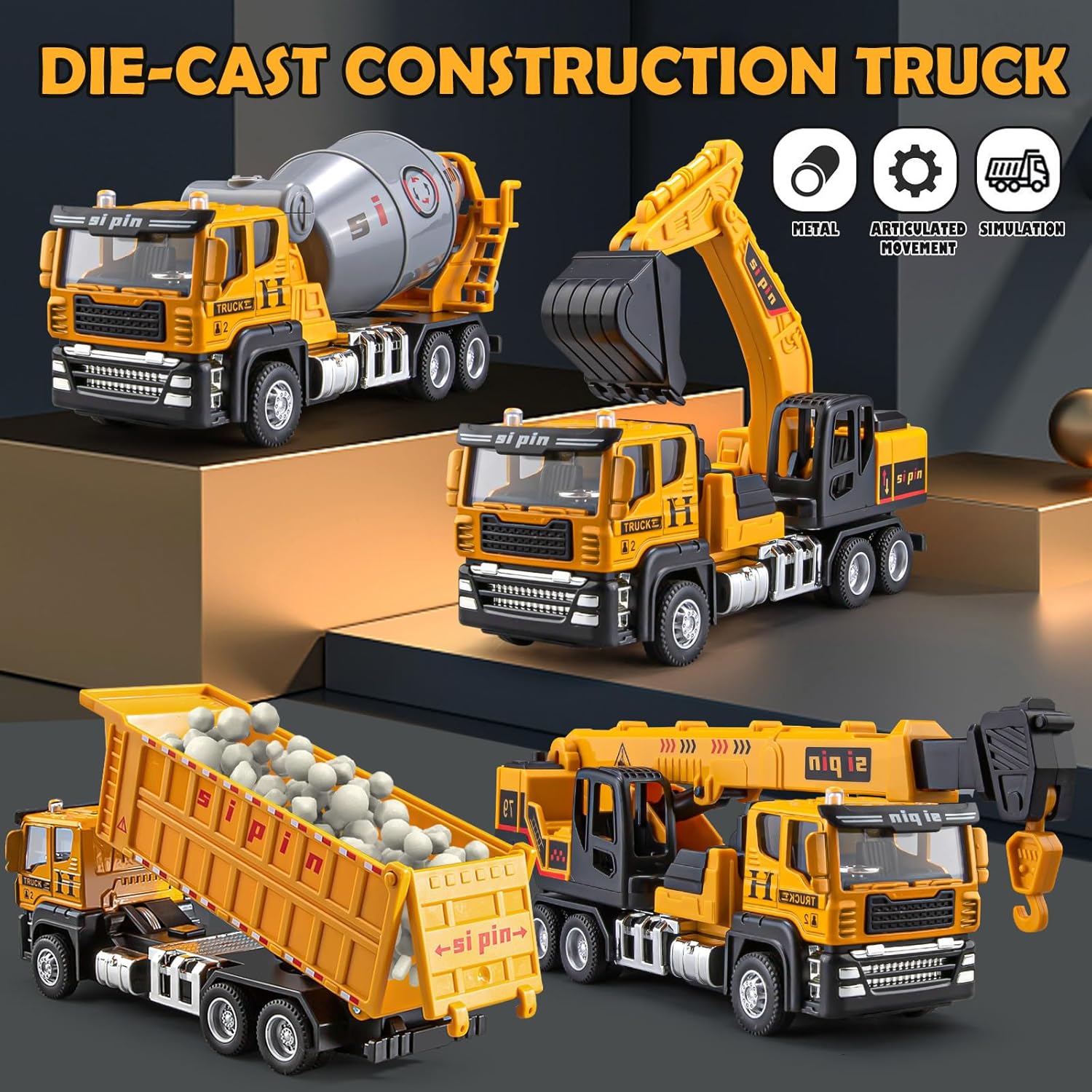 Alternative view of TAKGUD 4 Packs Metal Construction Trucks Playsets, Mini Friction Powered Engineering Vehicle, Crane, Excavator, Cement Mixer, Dump Truck Toys for Boys 3-5 Years Old, Die-Cast Trucks for Toddlers Kid