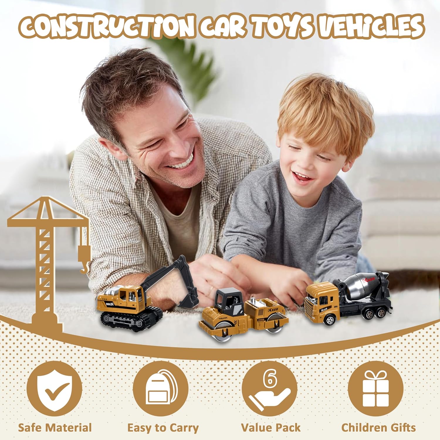 Construction Trucks Vehicles, 6Pcs Die-cast Construction Toys Set, Toys for Boys, Mini Excavator Mixer Truck Bulldozers Forklift Dump Truck,Roller, Car Playset Gift for Boys Age 3-9