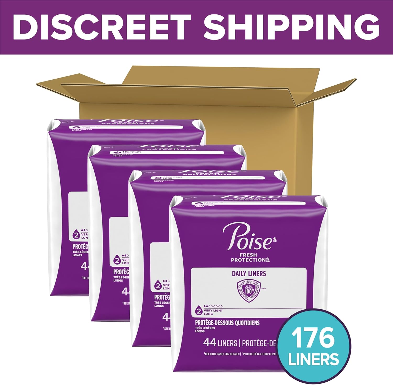 Poise Daily Liners, Incontinence Panty Liners for Bladder Leaks, 2 Drop Very Light Absorbency, Long Length, 176 Count of Pantiliners (4 Packs of 44), Packaging May Vary