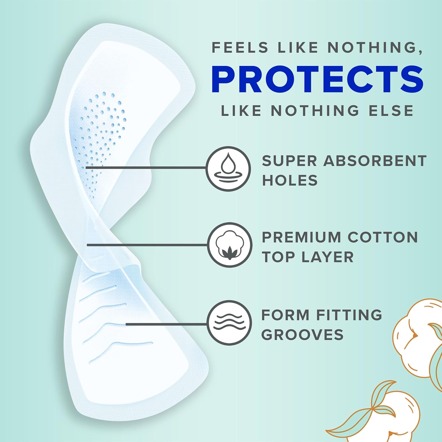 Always Pure Cotton Feminine Pads for Women, FlexFoam Pads with Wings, Size 2, Heavy Absorbency, Unscented, 72 Count (3 Packs of 24)