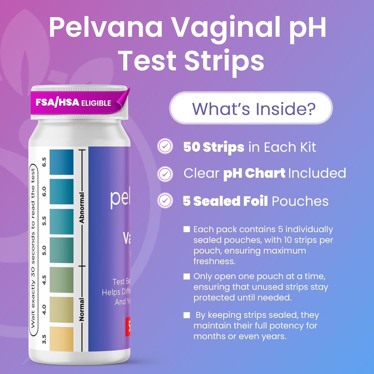 Pelvana Vaginal pH Test Strips for Women u2013 50 Strips, at-Home BV and Yeast Infection Test Kit, Vaginal pH Tester to Differentiate Between Conditions