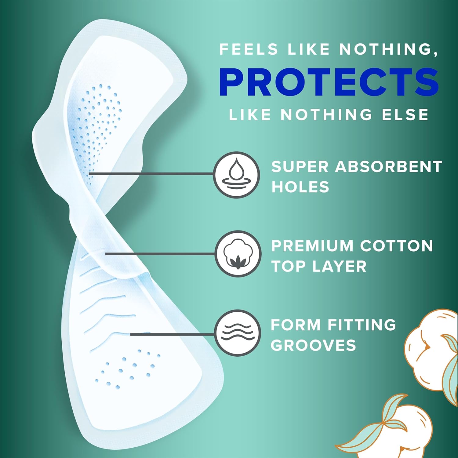 Always Pure Cotton Feminine Pads for Women, FlexFoam Pads with Wings, Size 4, Overnight Absorbency, Unscented, 60 Count (3 Packs of 20)