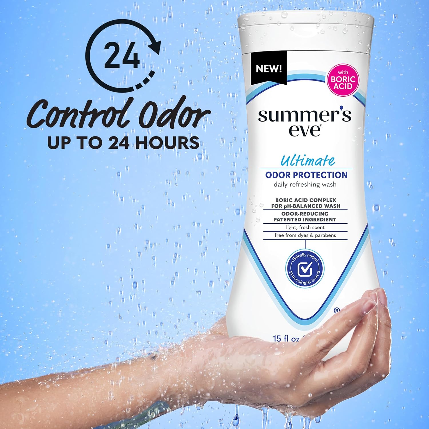 Summer's Eve Ultimate Odor Protection Daily Feminine Wash, pH-Balanced Formula Body Wash for Women with Boric Acid Helps Control Vaginal Odor, 15 Fl Oz