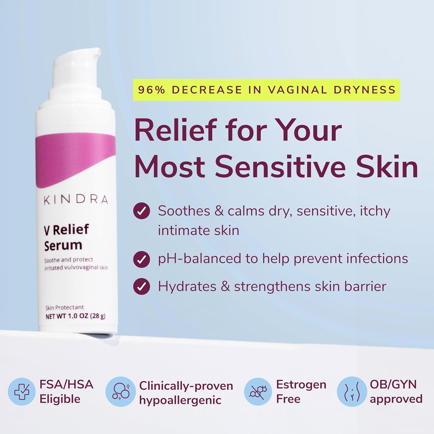 Kindra V Relief Serum - Sensitive Skin Vulva, Vaginal Moisturizer Cream for Vaginal Dryness, Burning, Discomfort, Itching - Cruelty, Gluten, Paraben, Fragrance & Hormone Free - Up to 60 Applications