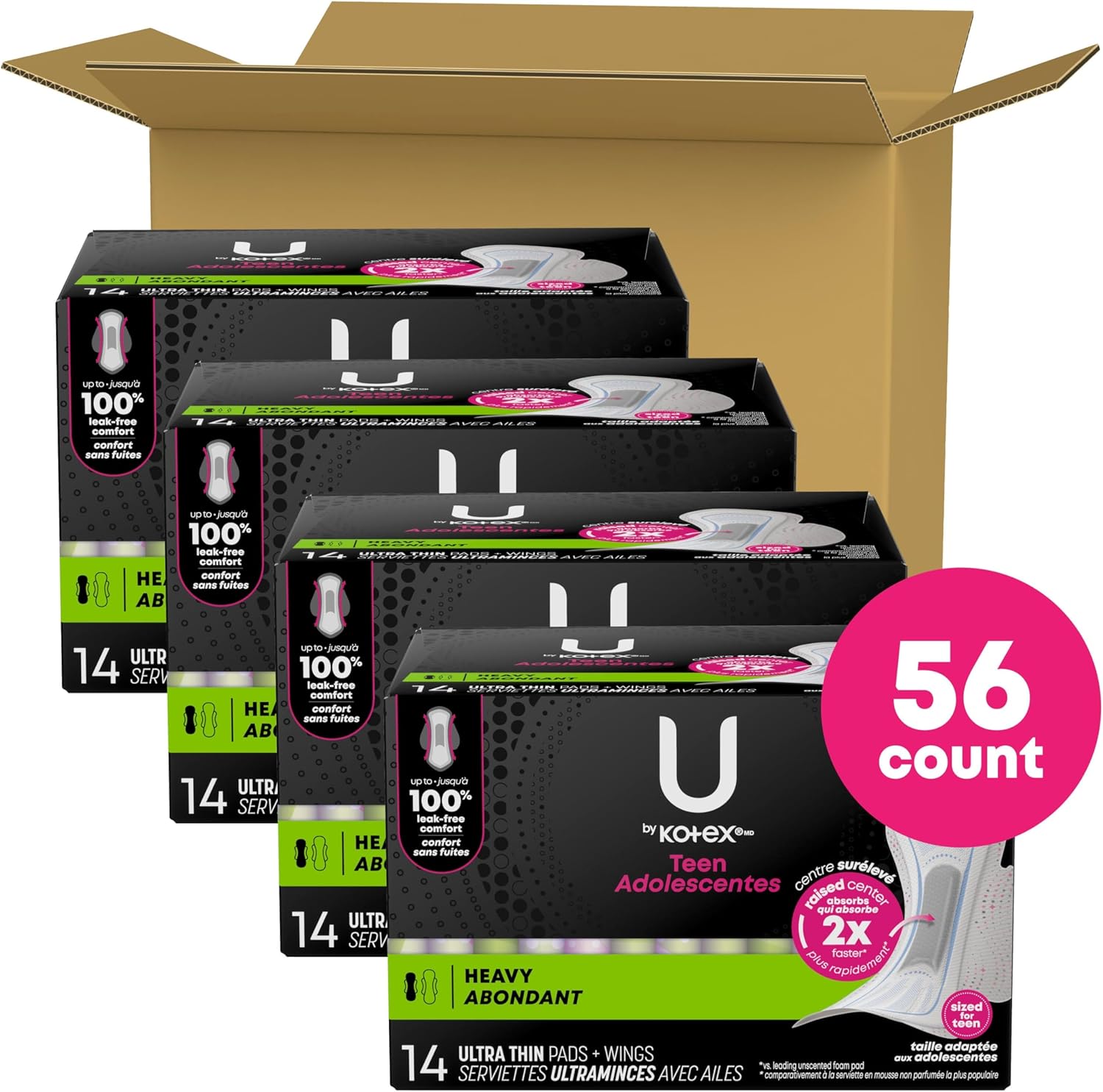 U by Kotex Balance Teen Ultra Thin Pads with Wings, Heavy Absorbency, 56 Count (4 Packs of 14) (Packaging May Vary)