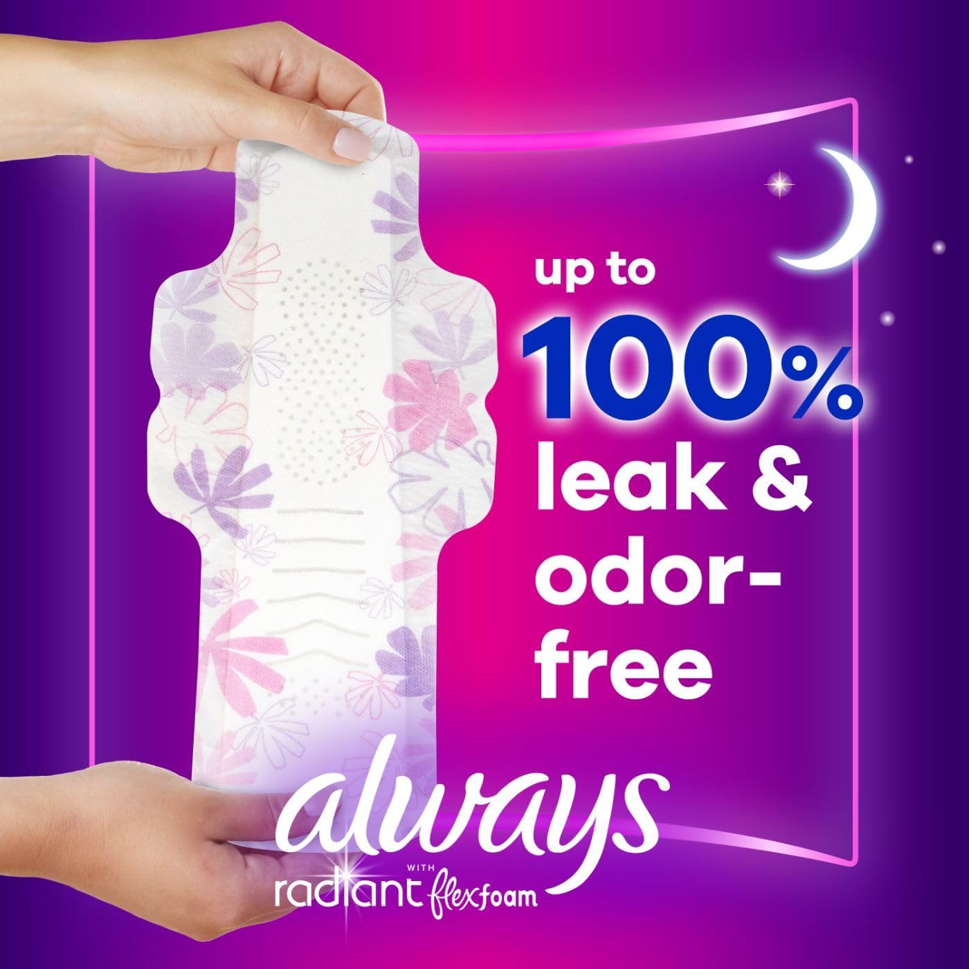Always Radiant Feminine Pads for Women, Flexfoam Pads with Wings, Size 4, Overnight Absorbency, Lightly Scented, 28 Count