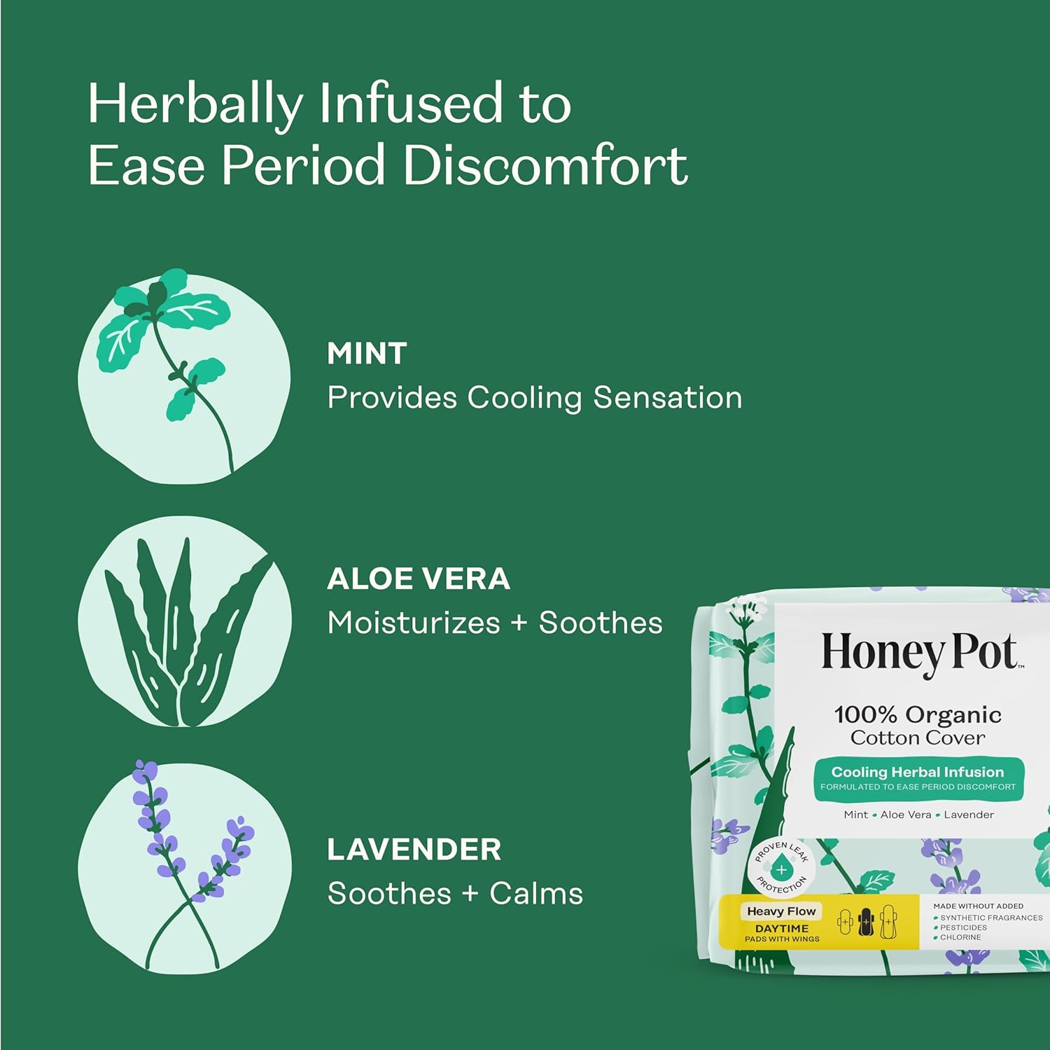 The Honey Pot Company - Herbal Sanitary Pads for Women - Heavy Flow w/Wings - Infused w/Essential Oils for Cooling Effect & Organic Cotton Cover - Feminine Care - 16 ct - Image 2