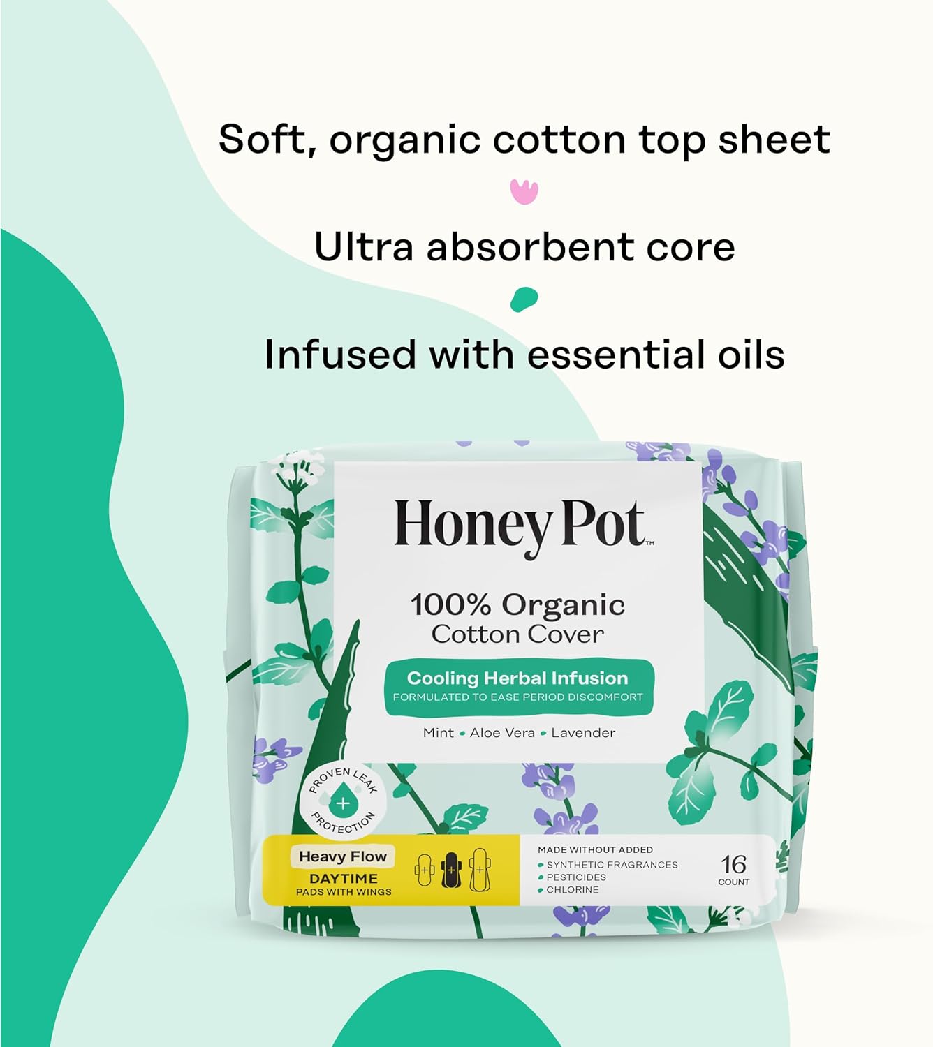 The Honey Pot Company - Herbal Sanitary Pads for Women - Heavy Flow w/Wings - Infused w/Essential Oils for Cooling Effect & Organic Cotton Cover - Feminine Care - 16 ct - Image 3