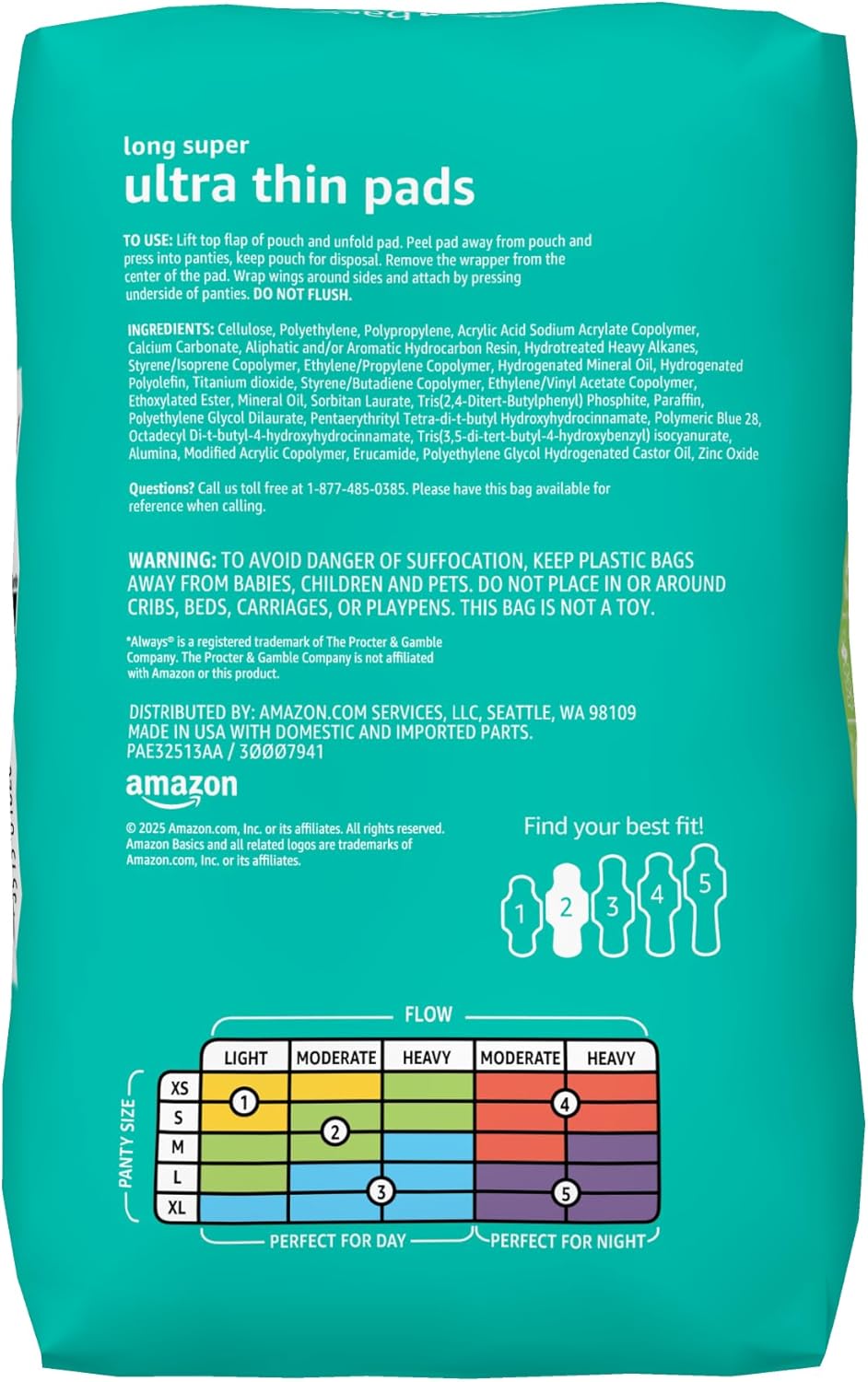 Amazon Basics Menstrual Pads for Women With Flexi-Wings, Long Length, Size 2, Super Absorbency, 32 Count (Pack of 1)