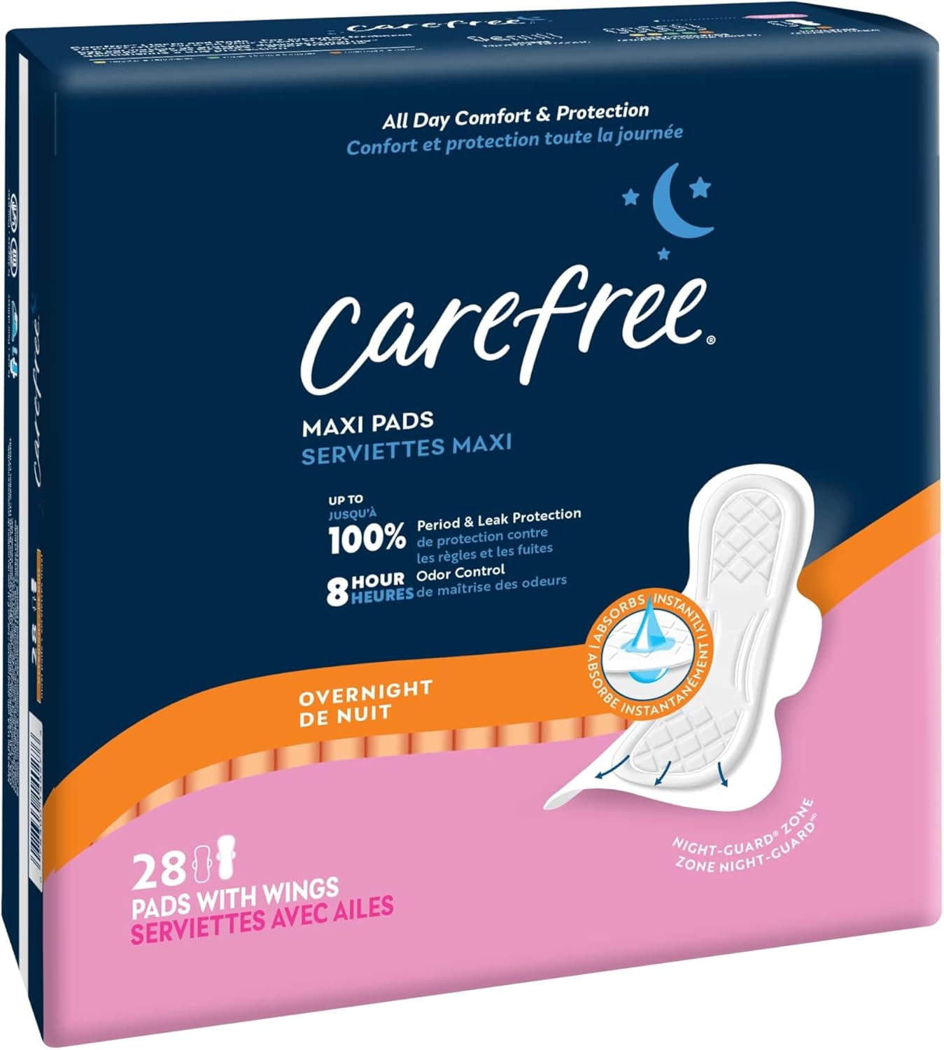 Carefree Maxi Pads for Women, Overnight Pads with Wings, 28ct | Carefree Pads, Feminine Care, Period Pads & Postpartum Pads | 28ct (Pack of 1)