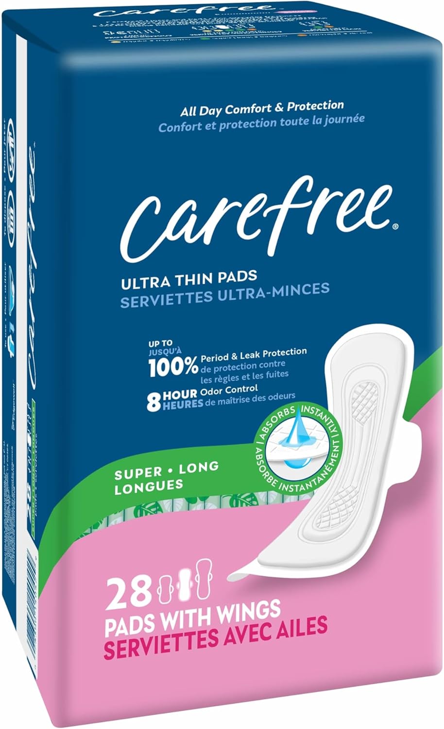 Carefree Ultra Thin Pads for Women, Super/Long Pads with Wings, 84ct (3 Packs of 28ct) | Carefree Feminine Care, Period Care & Postpartum | 84ct (3 Packs of 28ct)
