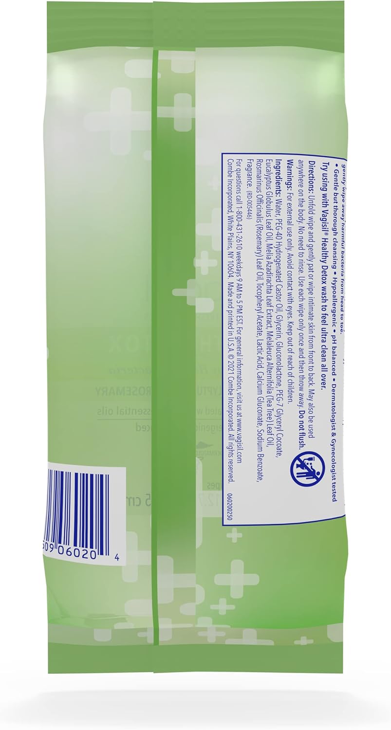 Vagisil Wipes for All Over Cleaning, Health Detox, Formulated with Essential Oils, 20 Wipes in a Re-Sealable Pouch (Pack of 3)