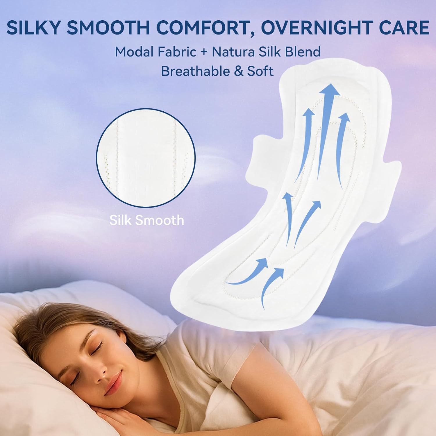 MODAL Heavy Flow Pads for Women Overnight, Unscented Sanitary Pads for Period with Wings, 16.5 Inch(420 mm), Extra Heavy Overnight, 16 Count