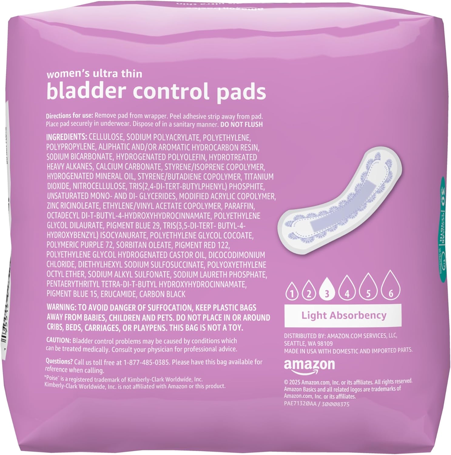 Amazon Basics Women's Incontinence Pads, Bladder Control & Postpartum, Light Absorbency, Unscented, 30 Count, (1 Pack of 30)