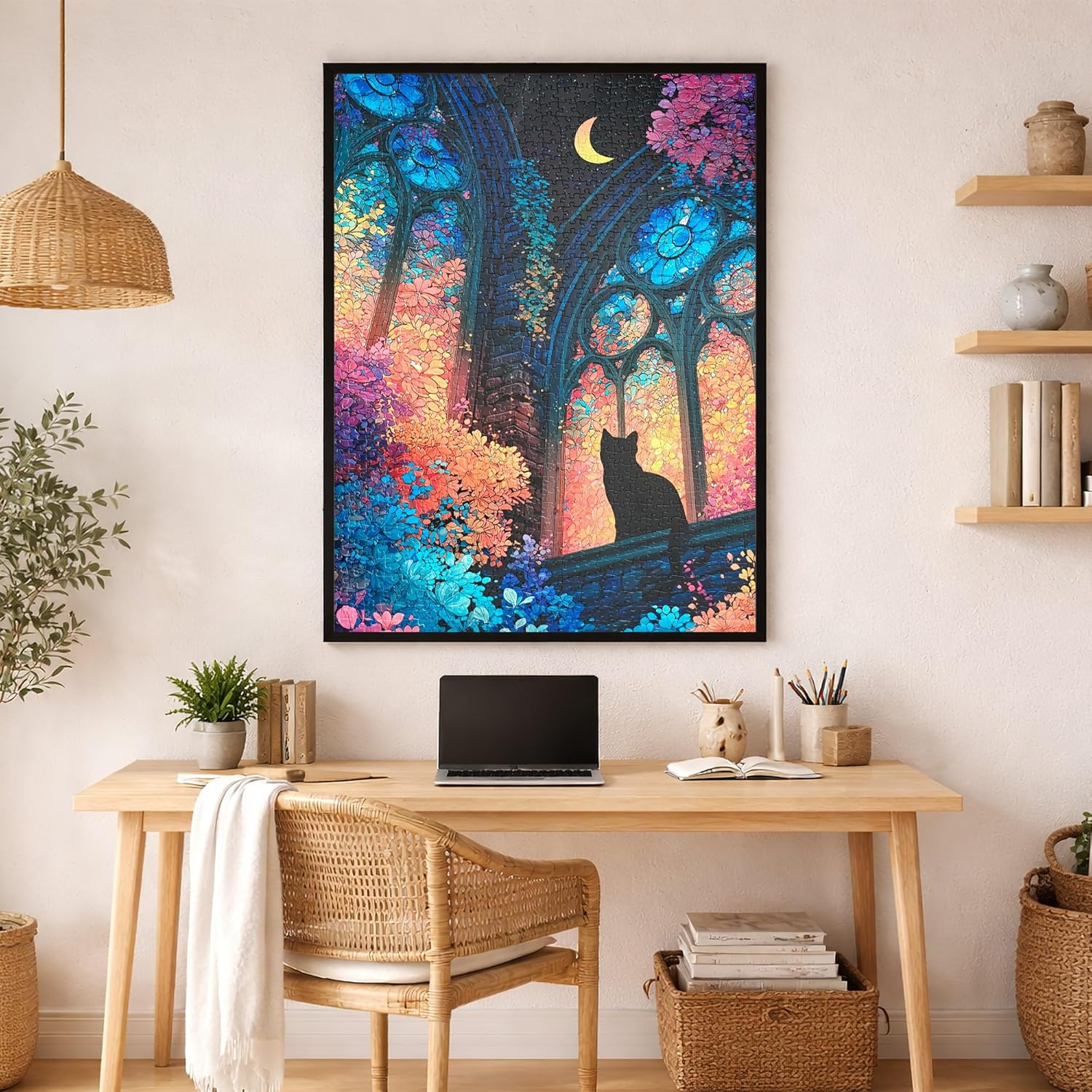 Teemosreal Puzzles for Adults 1000 Pieces, Stained Glass Cat Fantasy Night Moon Scene, Challenging Puzzle Game with Poster, Matte Finish, Interlock Perfectly Frameable Wall Decor Gift