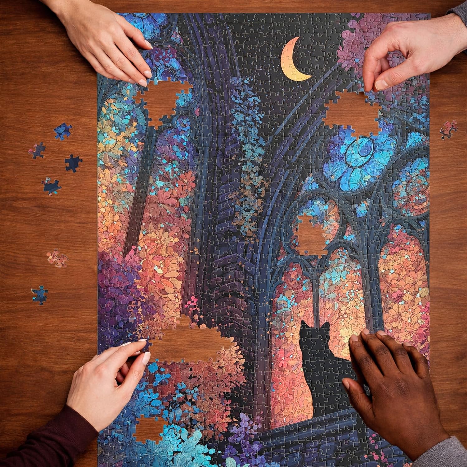 Alternative view of Teemosreal Puzzles for Adults 1000 Pieces, Stained Glass Cat Fantasy Night Moon Scene, Challenging Puzzle Game with Poster, Matte Finish, Interlock Perfectly Frameable Wall Decor Gift