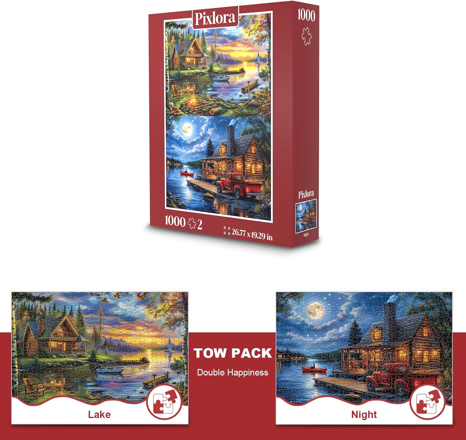 Pixlora Puzzles for Adults 1000 Pieces, 2 Pack Lake and Night View Jigsaw Puzzles, Nature Theme, Challenging Puzzles for Game Night, Perfect for Nature Lovers