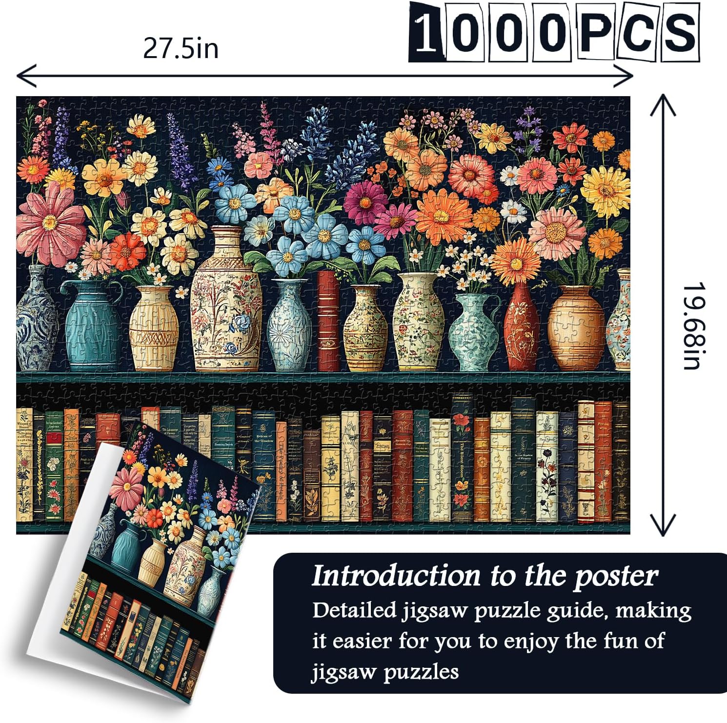Alternative view of Wildflower Puzzles for Adults 1000 Pieces, PICKFORU Vintage Flower Book Puzzle, Wildflower Pages Jigsaw Puzzle for Book Lover, Floral Art Bookshelf Library Puzzles