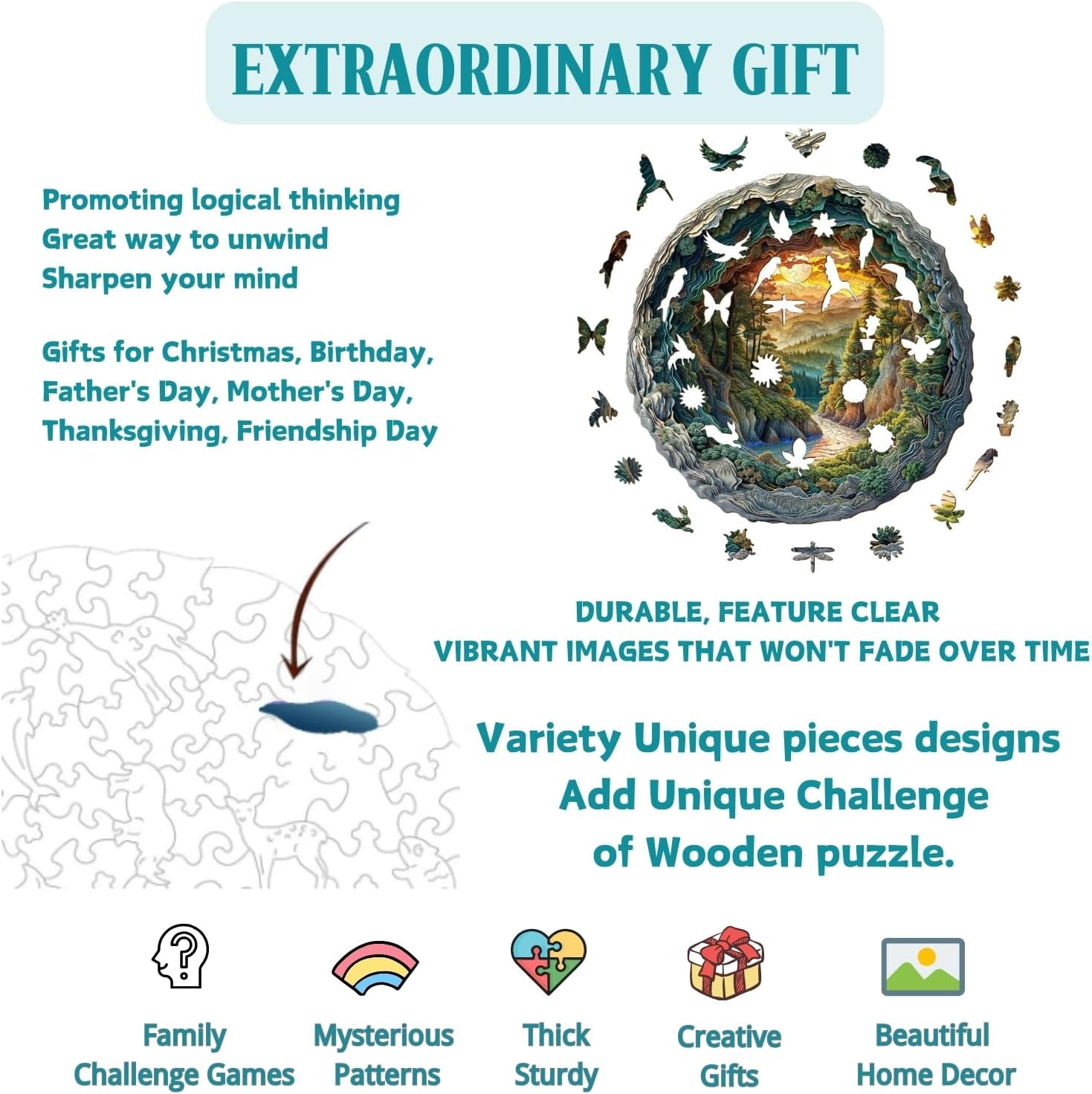 Alternative view of Jollitot Wooden Puzzles, 3D Cave Forest Puzzle 300 Pieces, Unique Animal Shaped Wood Challenging Jigsaw Puzzles Ideal for Adults, Premium Wood Gift Box 13.4x13.3in