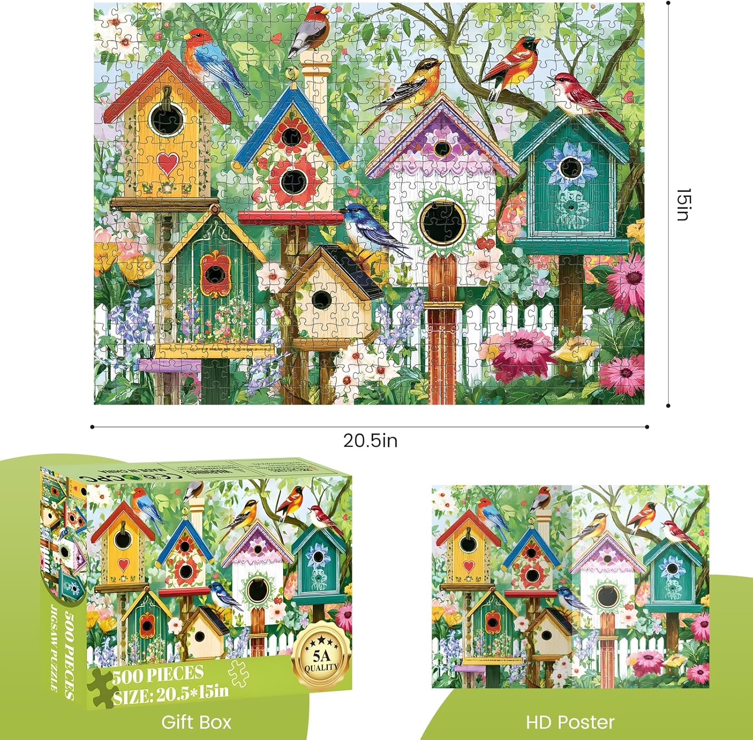 500 Piece Puzzle for Adults, Colorful Birdhouses 500 Piece Puzzle, Vibrant Birds in Blooming Flowers Jigsaw Puzzle, Perfect for Family Game Night, Home Wall Decor, Great Gift for Adults, Seniors