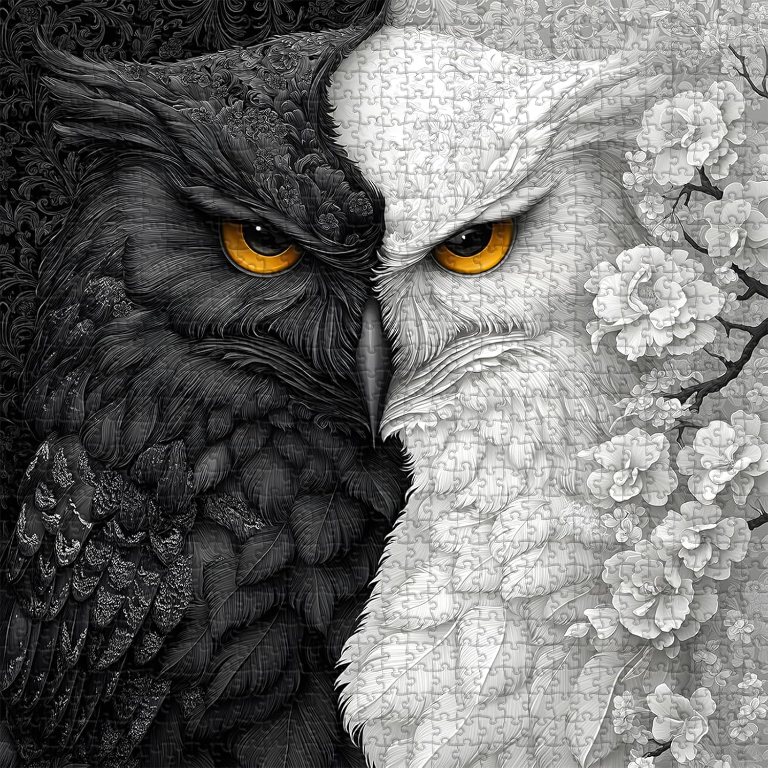 Alternative view of Yin Yang Owl Puzzle for Adults 1000 Pieces，Black and White Puzzles Owl Flowers, Impossible Difficult Hard Bird Jigsaw Puzzle, Animal Floral Art Challenge Puzzle Aesthetic