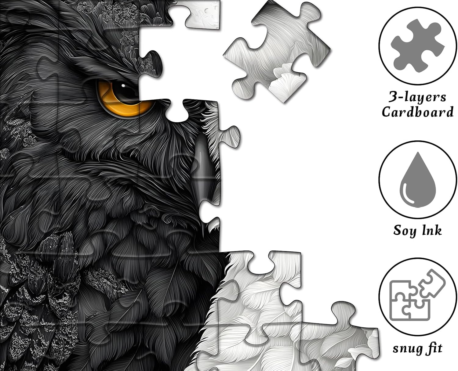 Yin Yang Owl Puzzle for Adults 1000 Pieces,Black and White Puzzles Owl Flowers, Impossible Difficult Hard Bird Jigsaw Puzzle, Animal Floral Art Challenge Puzzle Aesthetic - Image 3
