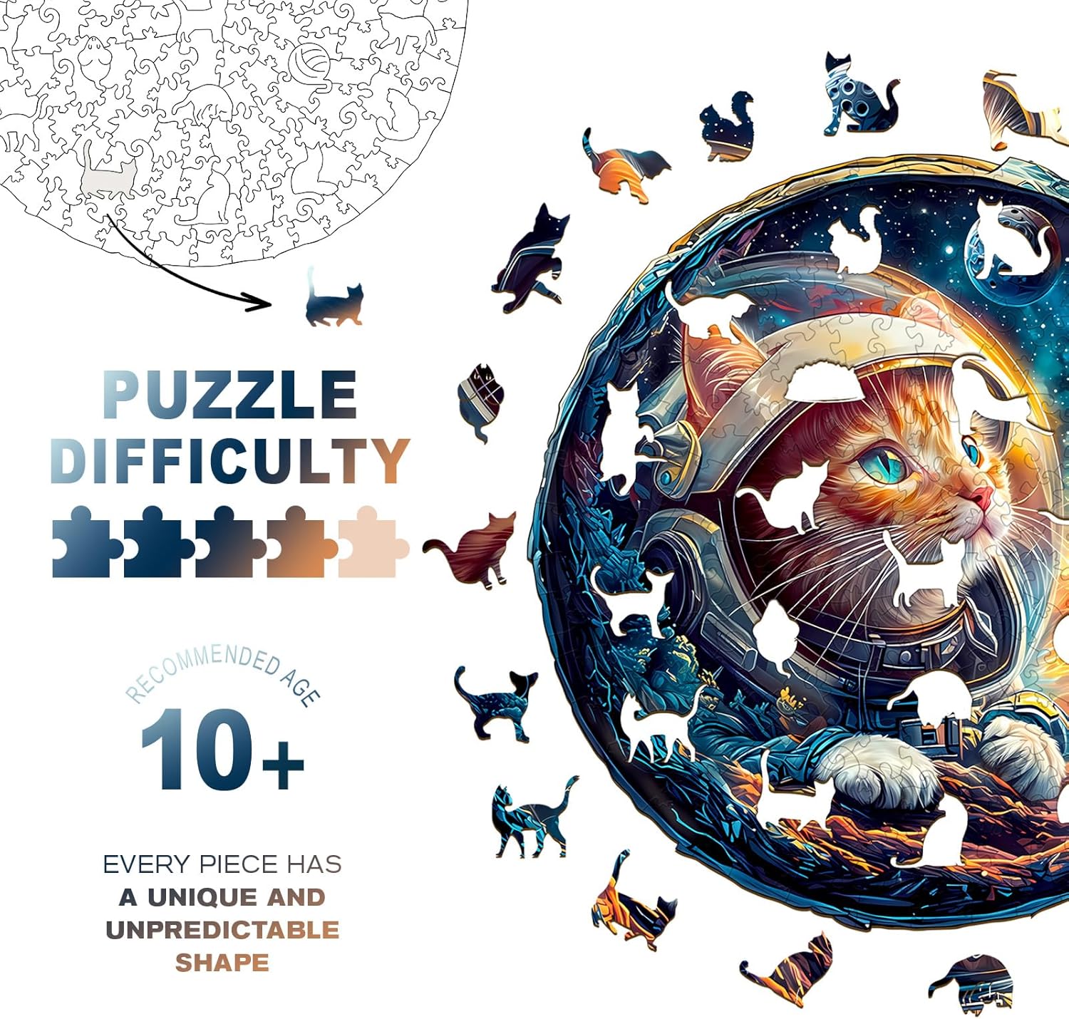 Alternative view of Wooden Jigsaw Puzzles, Space Cat Wooden Puzzles for Adults with Unique Shape, Adult Jigsaw Puzzle, Birthday Gifts for Adults, 13.4"x13.2"-300pcs