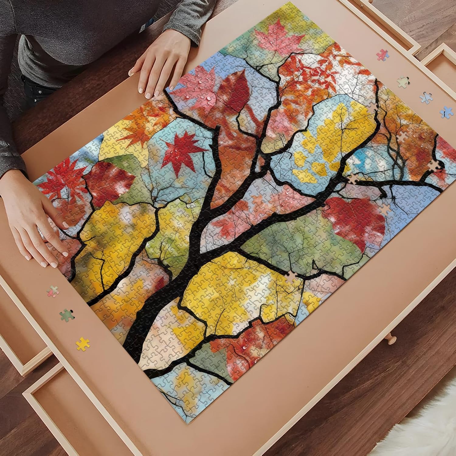 PQIKTUV Jigsaw Puzzle 1000 Pieces Stained Glass Autumn Tree, Puzzles for Adults 1000 Pieces with Dustproof Storage Bag, Impossible Puzzle Family Decoration for Valentine Friends Parents - Image 4