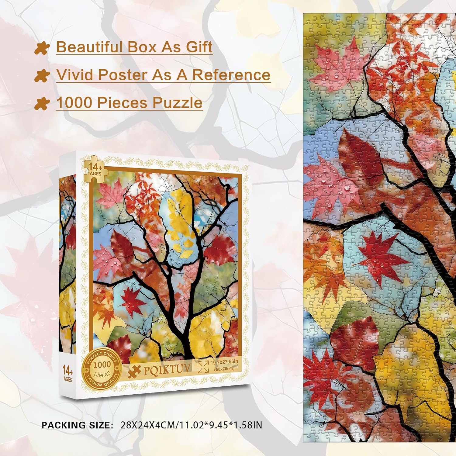 PQIKTUV Jigsaw Puzzle 1000 Pieces Stained Glass Autumn Tree, Puzzles for Adults 1000 Pieces with Dustproof Storage Bag, Impossible Puzzle Family Decoration for Valentine Friends Parents - Image 5