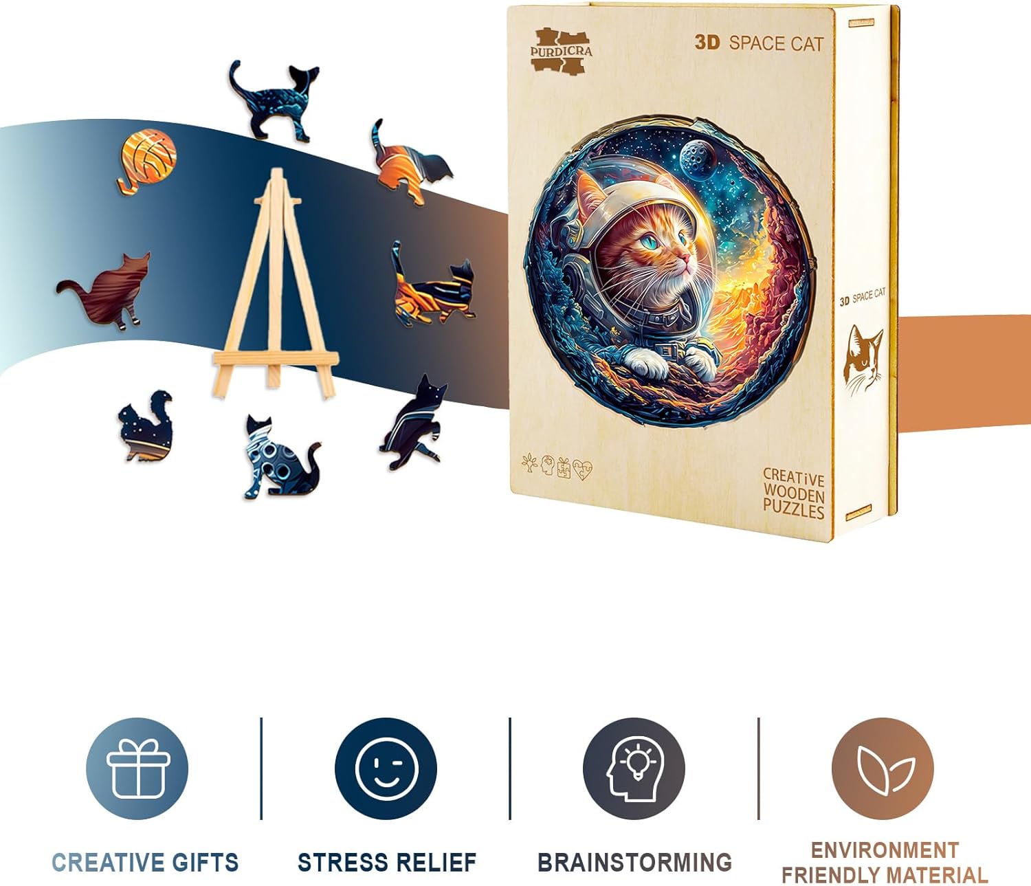 Wooden Jigsaw Puzzles, Space Cat Wooden Puzzles for Adults with Unique Shape, Adult Jigsaw Puzzle, Birthday Gifts for Adults, 13.4"x13.2"-300pcs - Image 4