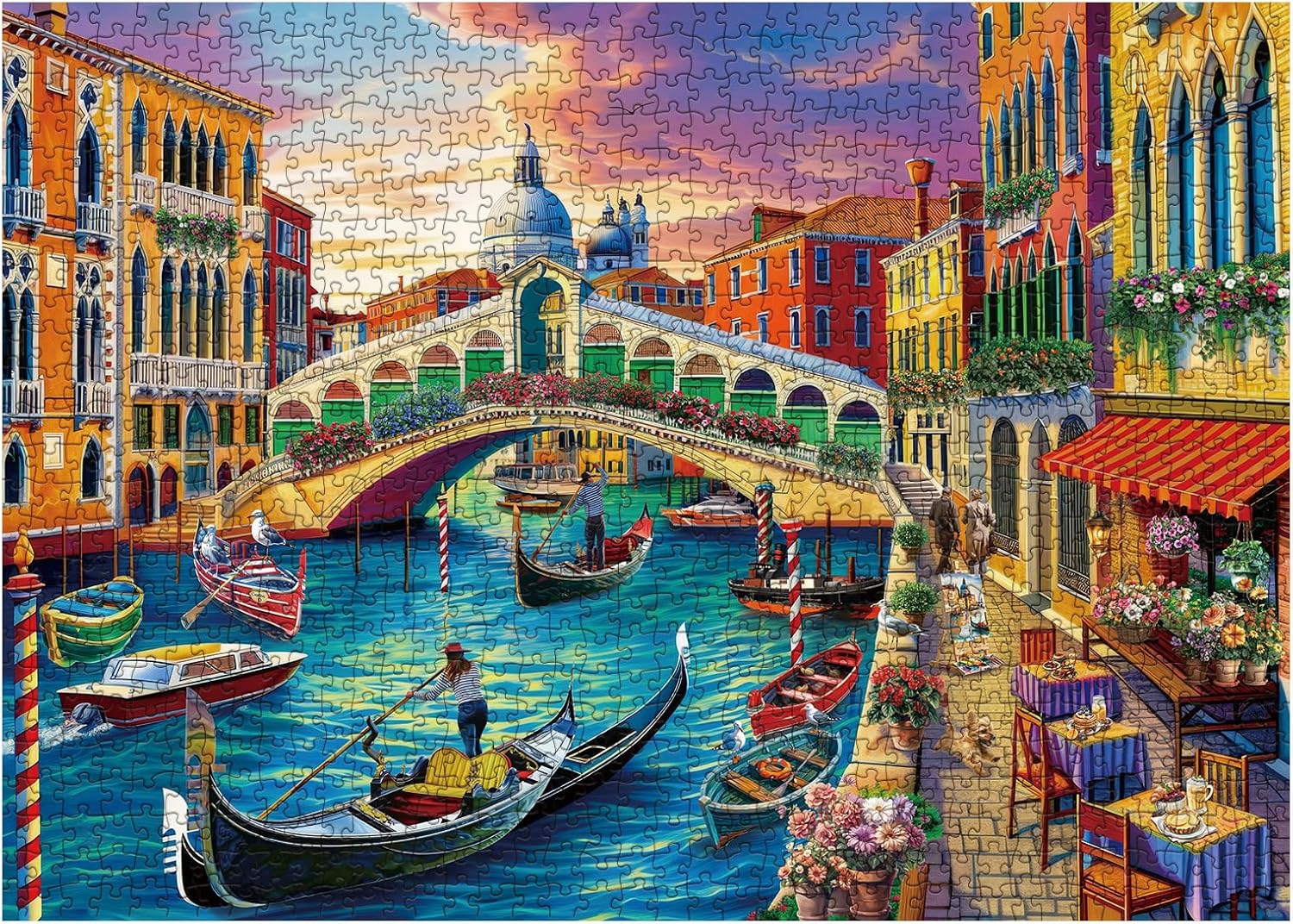 Italy Venice Landscape Puzzle 1000 Pieces for Adults, Europe Water City Jigsaw Puzzle, Sunset Cafe Travel Puzzle