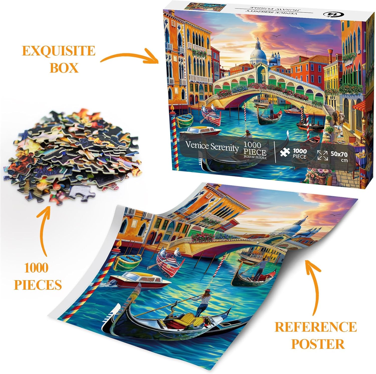 Italy Venice Landscape Puzzle 1000 Pieces for Adults, Europe Water City Jigsaw Puzzle, Sunset Cafe Travel Puzzle - Image 5