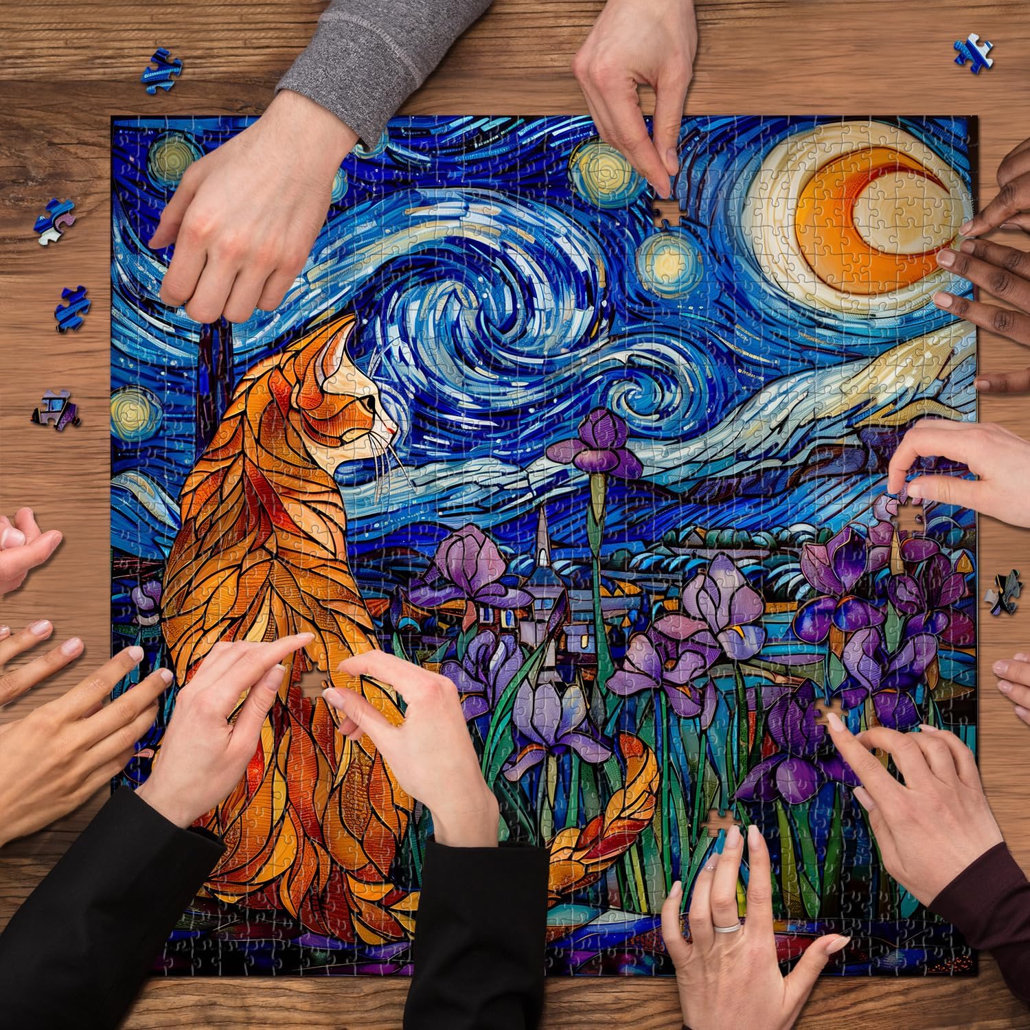 PICKFORU Stained Glass Puzzles: 1000 Pieces, Adults' Cat Lovers' Jigsaw Puzzle - Purple Iris Flowers, Starry Night, Moonlit Cat Flower