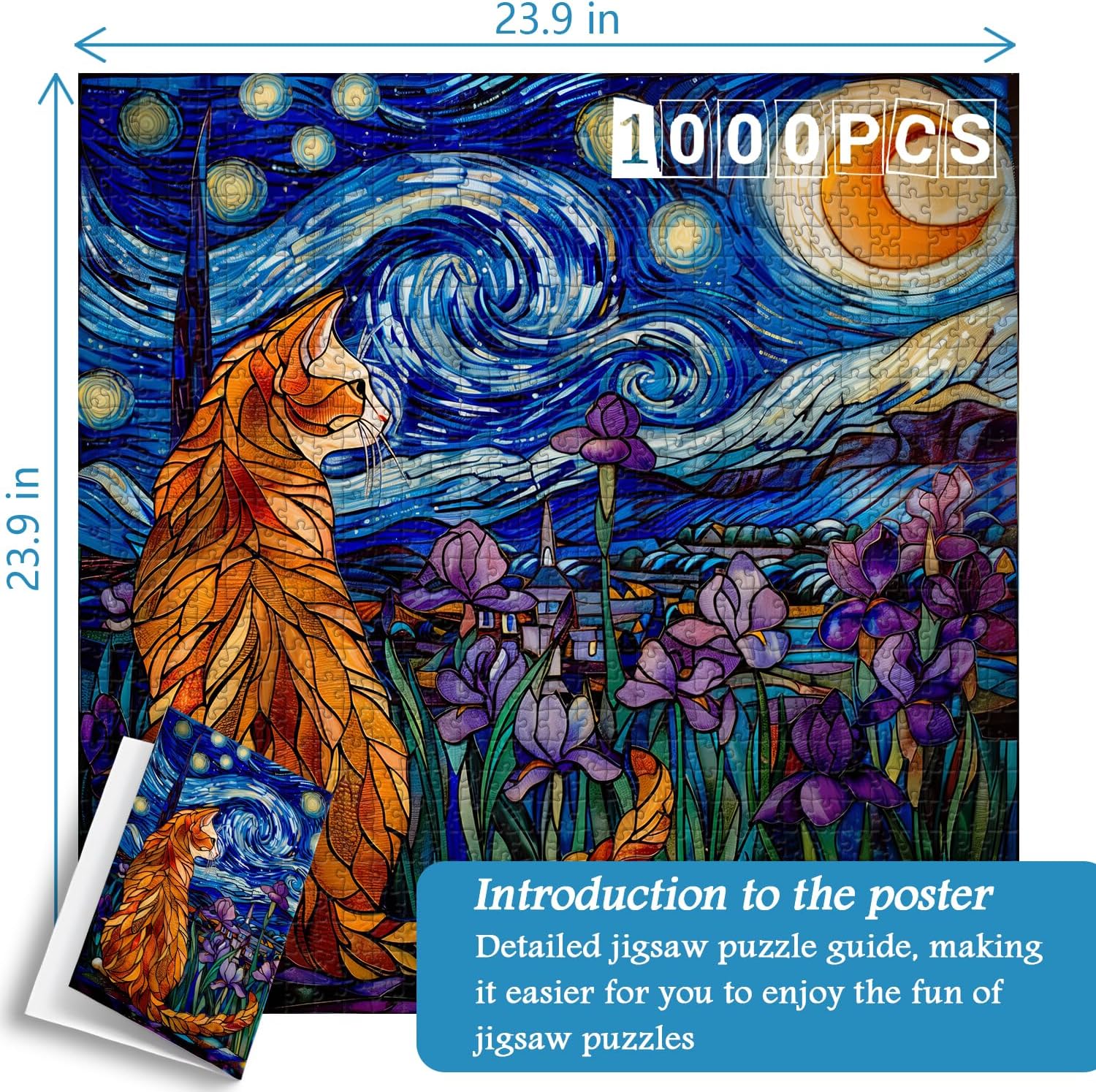 Alternative view of PICKFORU Stained Glass Puzzles: 1000 Pieces, Adults' Cat Lovers' Jigsaw Puzzle - Purple Iris Flowers, Starry Night, Moonlit Cat Flower
