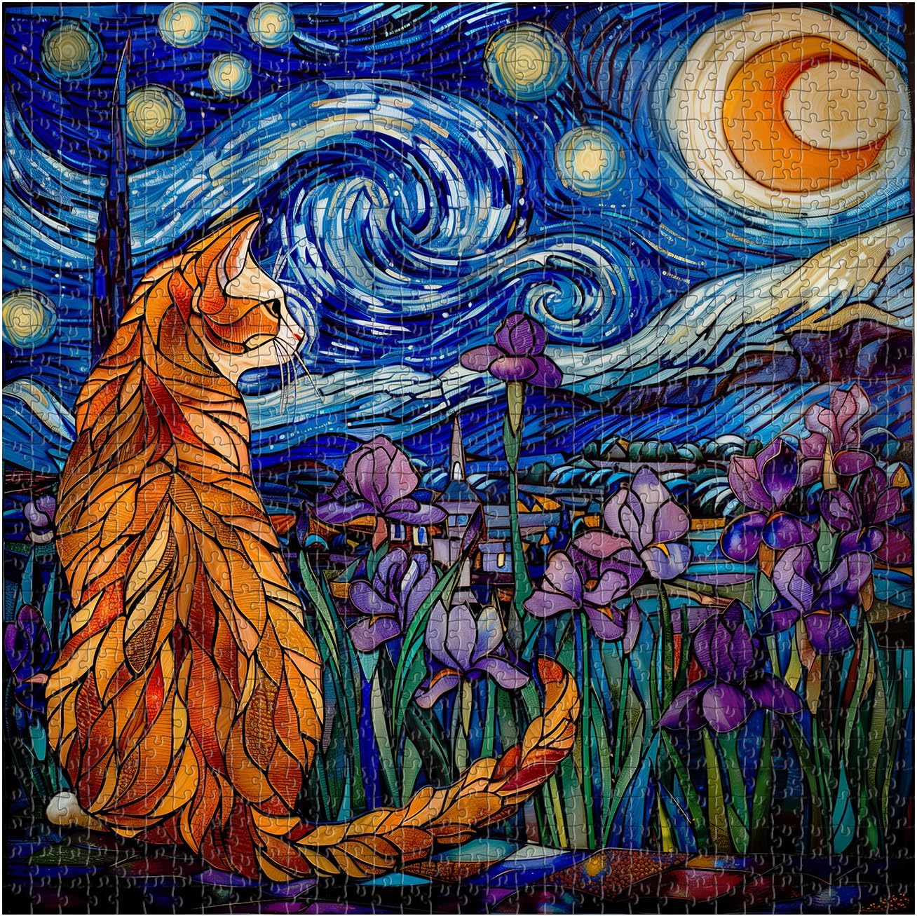 PICKFORU Stained Glass Puzzles: 1000 Pieces, Adults' Cat Lovers' Jigsaw Puzzle - Purple Iris Flowers, Starry Night, Moonlit Cat Flower - Image 3