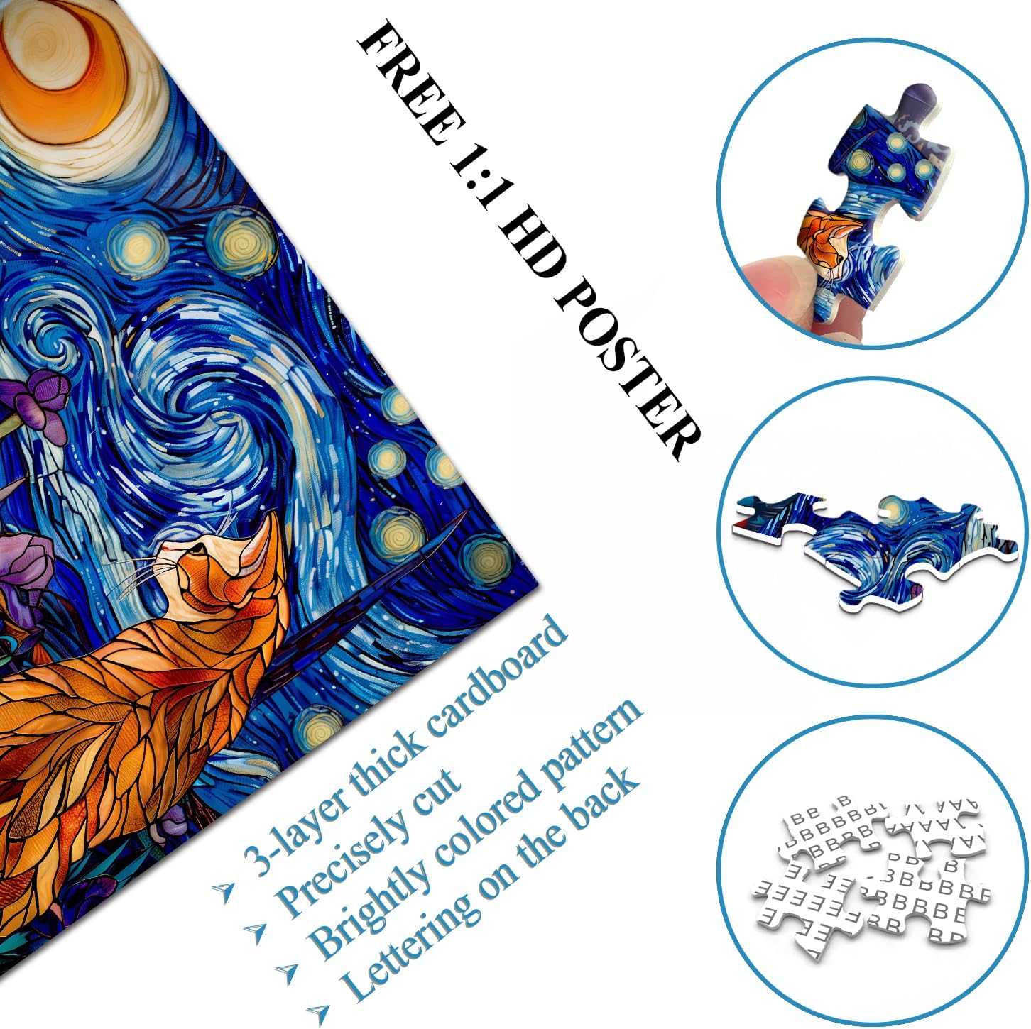 PICKFORU Stained Glass Puzzles: 1000 Pieces, Adults' Cat Lovers' Jigsaw Puzzle - Purple Iris Flowers, Starry Night, Moonlit Cat Flower - Image 4